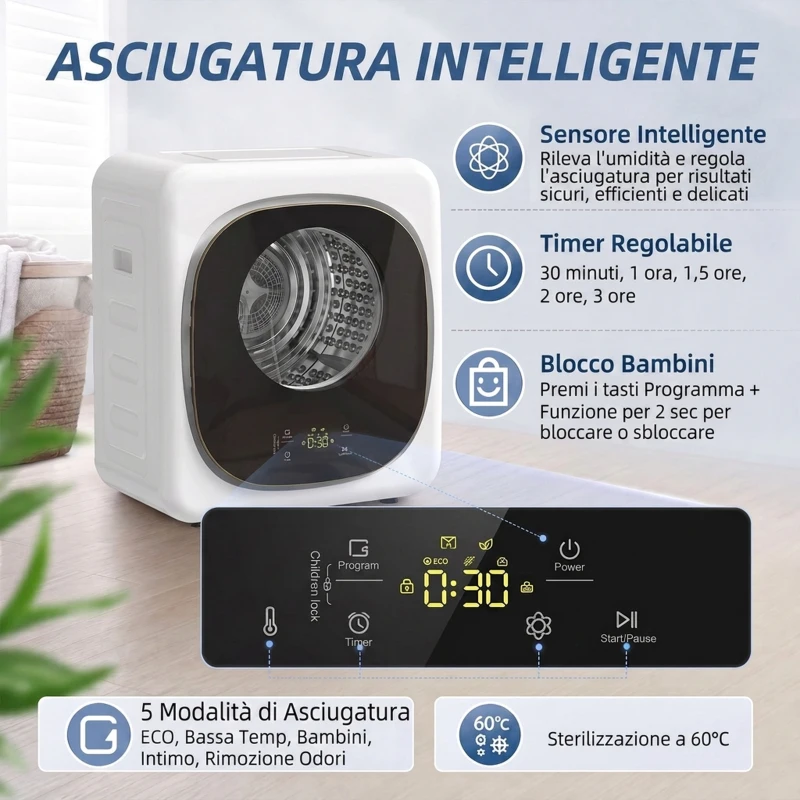 HOMCOM Mini Asciugatrice Portatile 2.5 kg, 5 Programmi, 800W, Fino 60℃, Timer, Tamburo in Acciaio Inox, per Casa, Bianco
