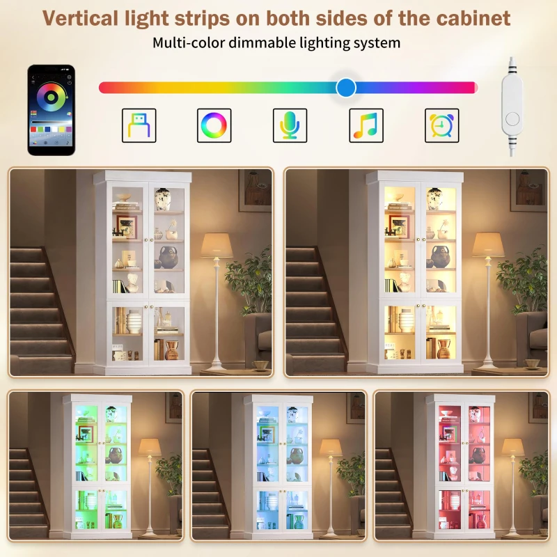 Modern Display Cabinet with Integrated LED Mood Lighting, Adjustable-Shelf Tall Bookcase for Industrial Interiors, 80L x 40W x 180H cm, White