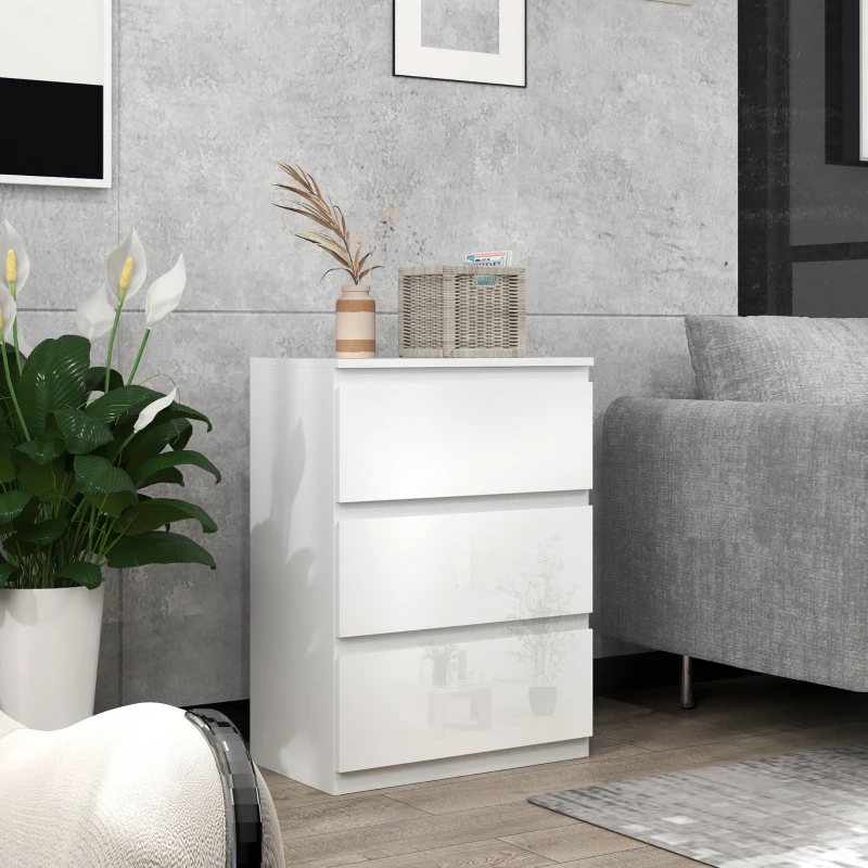 HOMCOM Cómoda con 3 Cajones Cómoda de Dormitorio Moderno con Diseño Anti-vuelco 55x34x75 cm Blanco Brillo