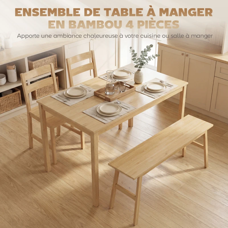 HOMCOM Ensemble de salle à manger en bambou, table à manger avec 2 chaises et banc pour 4 personnes, bois naturel