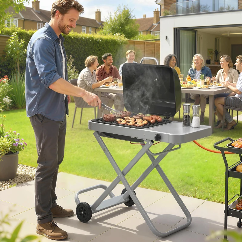 Outsunny Barbacoa de Gas Plegable con Quemador 2,5 kW Tapa Termómetro Mesa Lateral y 2 Ruedas Parrilla Recogedor Grasa Negro
