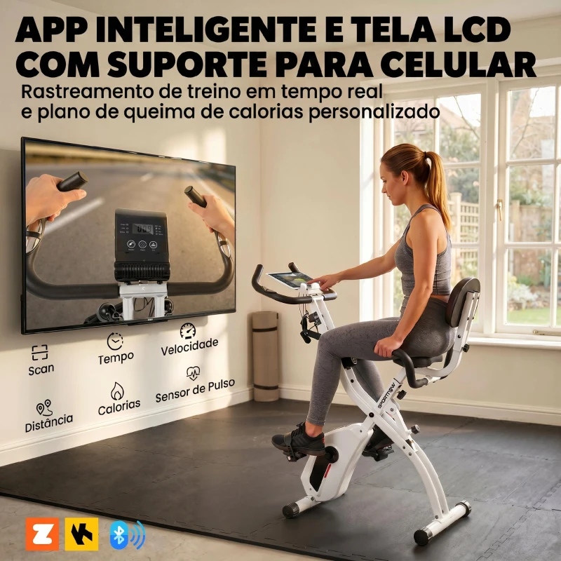 SPORTNOW Bicicleta Estática Dobrável com 8 Níveis de Resistência, Volante, Ecrã LCD, Bluetooth, Pulsómetro e Selim Ajustável