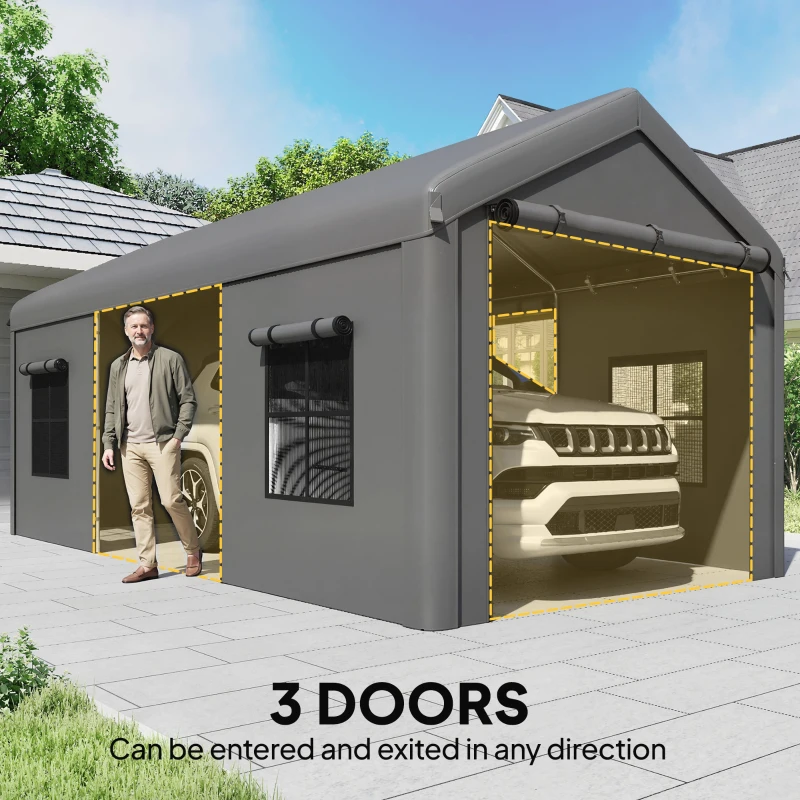 Outsunny 3 x 6 m Heavy Duty Carport, Portable Garage Car Canopy Tent with Galvanised Frame, Doors, Windows, Dark Grey