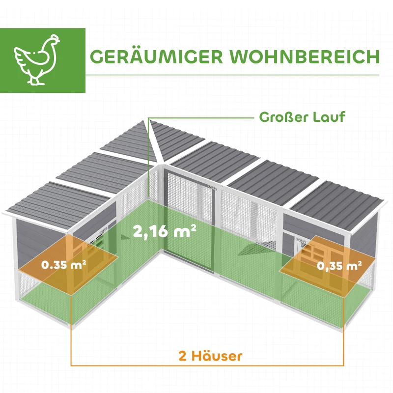 PawHut Hühnerstall L-förmiges Hühnerhaus aus Holz mit 2 Häusern, 2 Ebenen, Auslauf, Rampe, 251 x 192 x 103 cm Grau