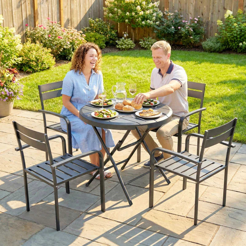 Outsunny Gartentisch, rund, klappbar, für 4 Personen, Holzoptik, Stahl+Kunststoff, dunkelgrau, 80 x 80 x 73 cm
