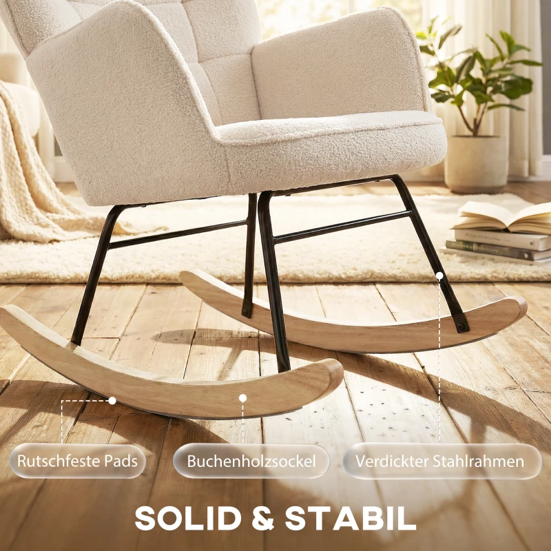 HOMCOM Schaukelstuhl im Retro-Design, Massivholz, Sessel, Relaxsessel, 98 cm x  71 cm x 101 cm, Beige(m-8)