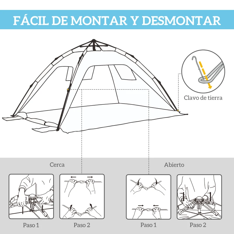 Outsunny Carpa de Playa Pop-up para 1-2 Personas con 2 Accesos y 2 Ventanas y Bolsa de Transporte 220x173x120 cm Azul Claro
