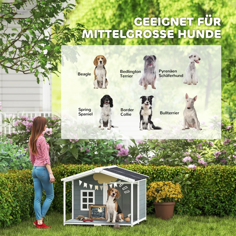 PawHut Hundehütte wetterfestes Erhöhtes Hundehaus aus Holz mit Asphaltdach, Terrasse, für mittelgroße Hunde 103x107x83,5cm Grau