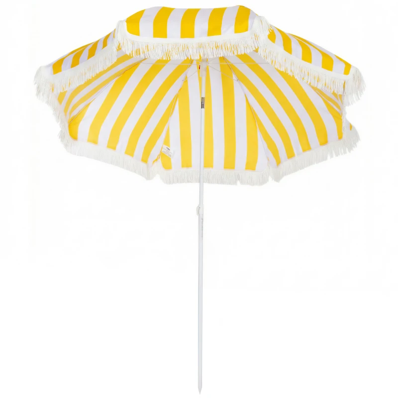 Outsunny Sombrilla de Playa con Flecos Ø180 cm Sombrilla de Terraza Exterior Altura Ajustable Inclinación 30° Amarillo y Blanco