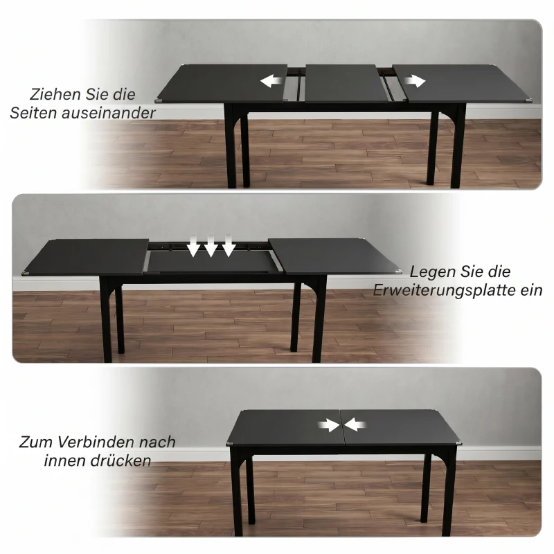 HOMCOM Table à manger extensible de 4 à 6 personnes, pieds en acier, pour petits espaces, salle à manger, noir