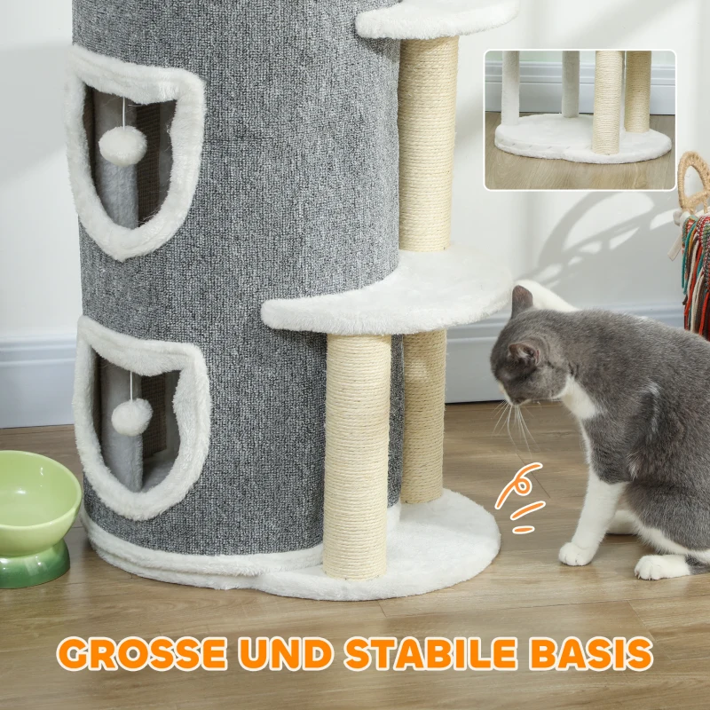 PawHut 101 cm Katzenturm, 3 Ebenen, 3 Schlafhöhlen, Spielbälle, Kratzpfosten, Sisal, Spanplatte, Grau