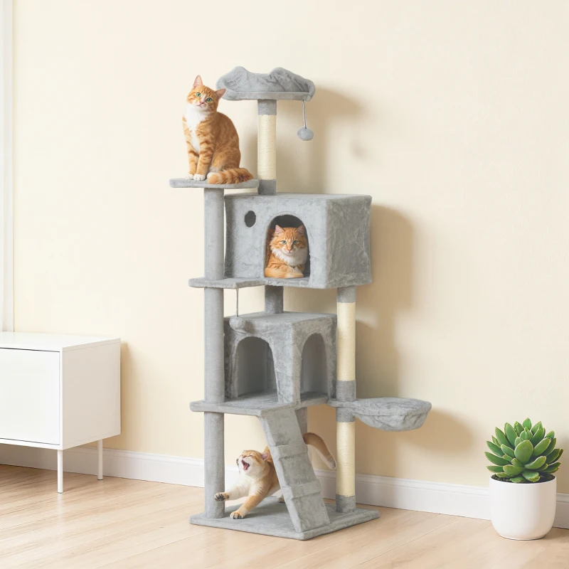 PawHut Árbol Rascador para Gatos 160 cm con Plataformas Cama 2 Cuevas Hamaca Escalera Postes de Sisal Gris Claro