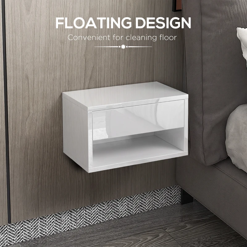 HOMCOM Set of Two Floating Bedside Tables - High Gloss White