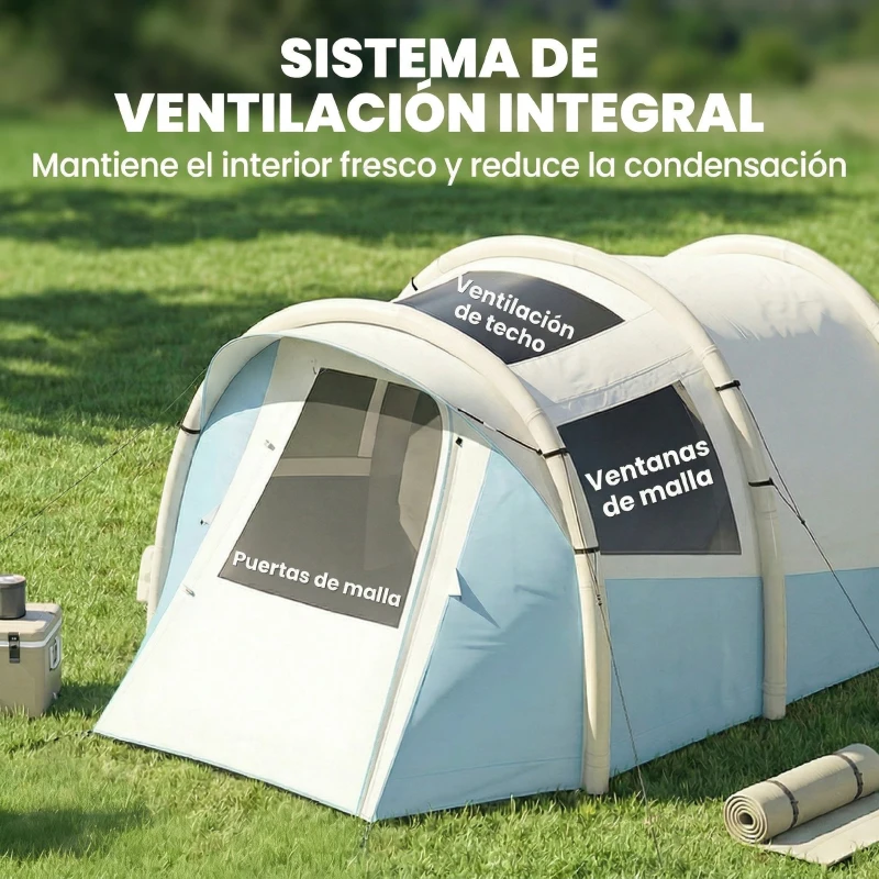 Outsunny Tienda Campaña Inflable 2-3 Personas con Bomba Dormitorio y Zona de Estar Impermeable 3000 mm Montaje Rápido Azul Claro