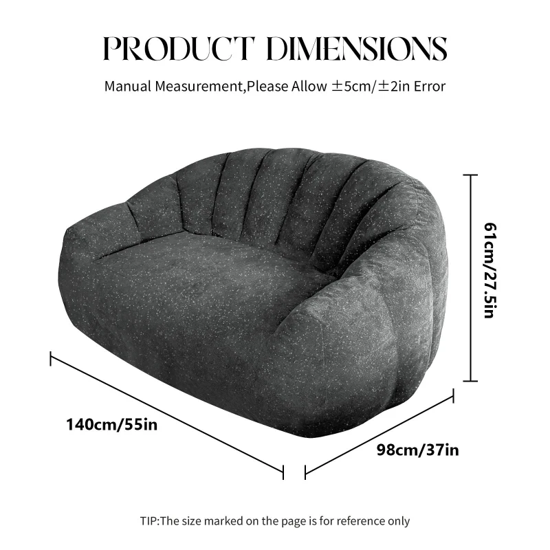 Oversized 2 Seater Bean Bag Sofa with High-Density Sponge, Glitter Plush Floor Couch with for Bedroom or Living Room, 140L x 98W x 61H cm, Gray