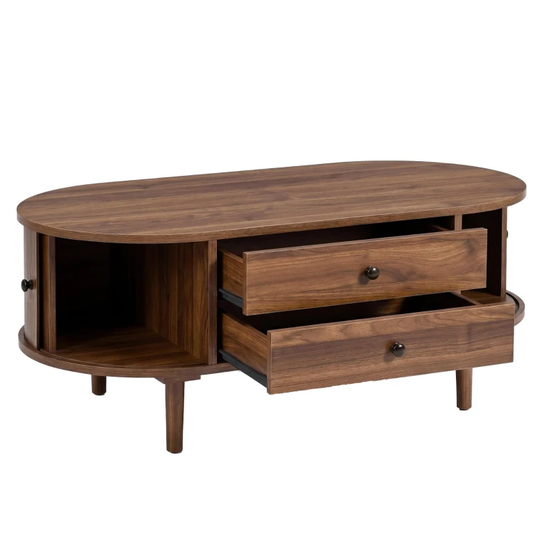 Spacious Room Table with Sliding Doors and 2 Drawers, Retro Oval Coffee Table with Vertical Slats and Clean Lines, 100L x 50W x 40H cm, Walnut