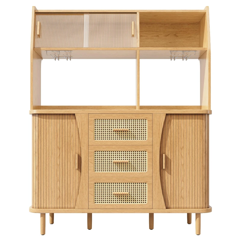 Adjustable-Feet Dining Room Cupboard with Wine Glass Holders, High-quality Sideboard with for Kitchen or Hallways, 140L x 40.5W x 174.5H cm, Wood