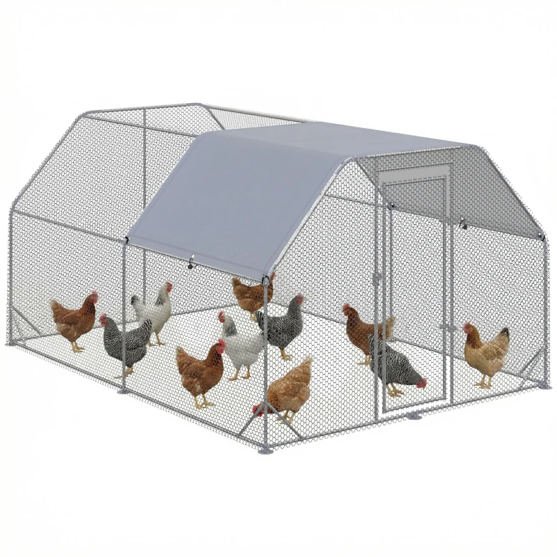 PawHut Hühnergehege Hühnerstall Hühnerauslauf, begehbar, verriegelbare Tür, für 10-12 Hühner, 280 cm x 380 cm x 195 cm, Grau