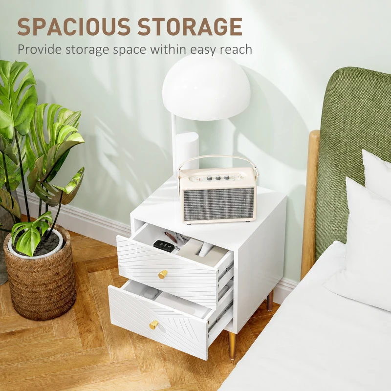 HOMCOM Elegant Two-Drawer Bedside Table - White/Gold-Tone