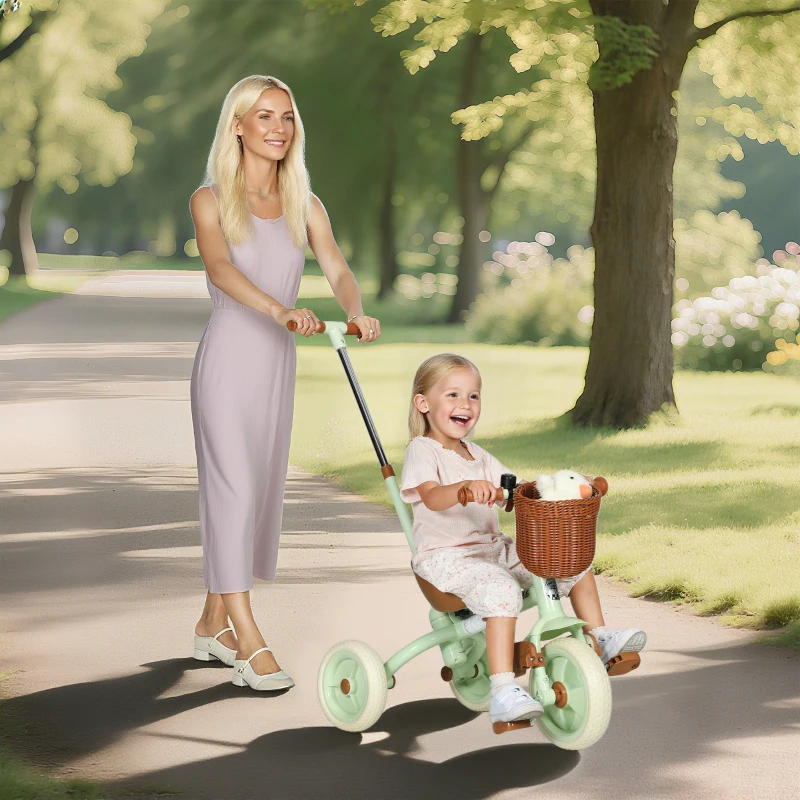 AIYAPLAY Triciclo para Bebés 2 en 1 para 2-5 Años con Barra Parental Pedales Antideslizantes, Reposapiés Plegables y Cesta Verde