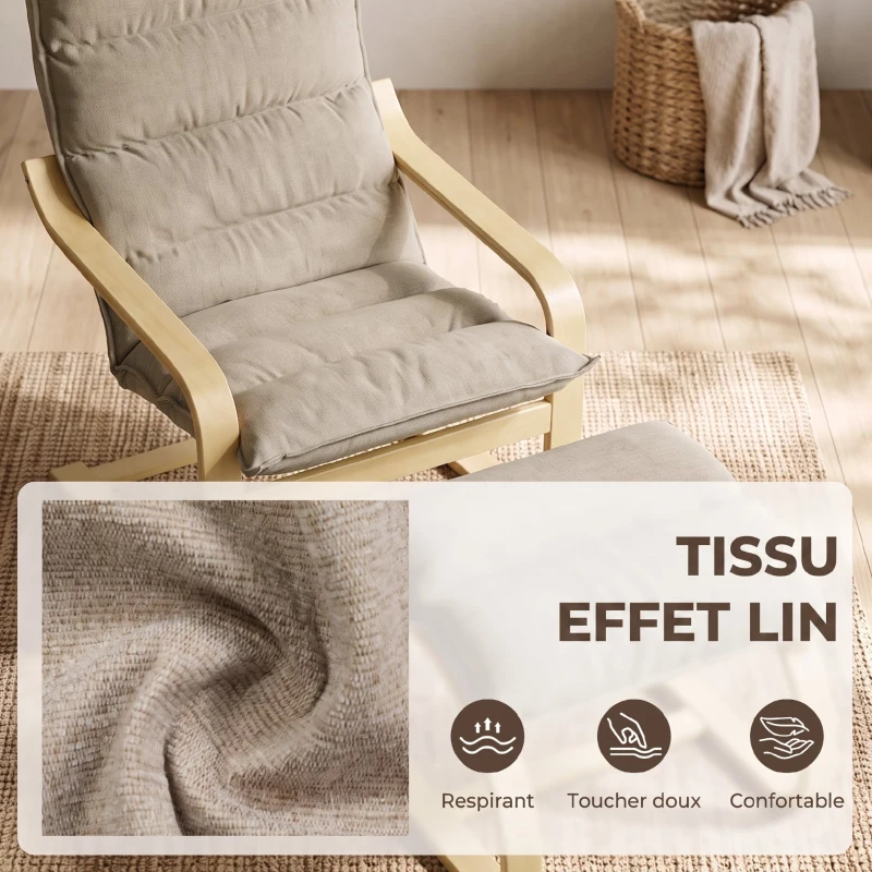 HOMCOM Fauteuil de Salon avec Repose-Pied, Fauteuil d'Appoint en Lin, Assise Large, Dossier Haut, Bascule Douce, Beige