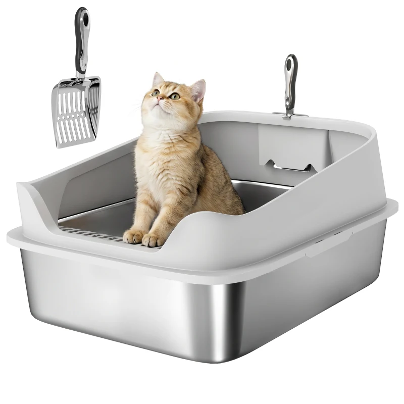 PawHut Katzentoilette Edelstahl Offene Katzenklo mit Schaufel hohem Rand für große Katzen bis 12 kg 69,8 x 50,3 x 29,8 cm Grau