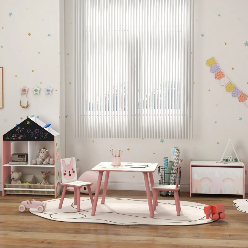 ZONEKIZ Kindersitzgruppe aus Kiefernholz, Tisch mit 2 Stühlen, Tiermotiv, Kinderzimmer, 3-8 Jahre, Rosa