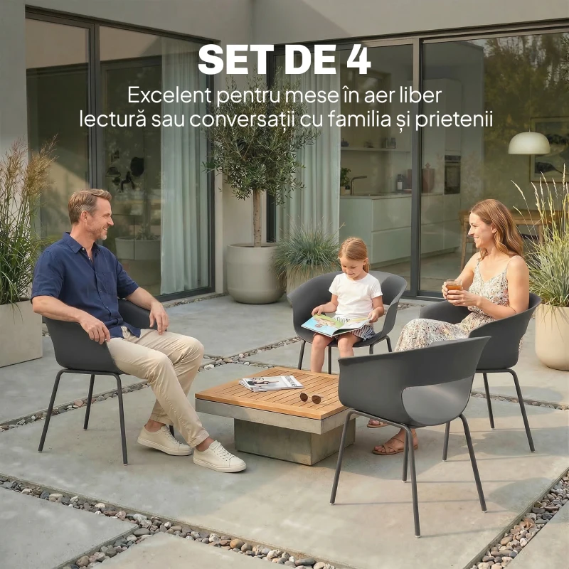 Outsunny Set 4 Scaune de Grădină, cu Brațe și Spătar Perforat, din PP și Metal, 61x51x74 cm, Gri Închis