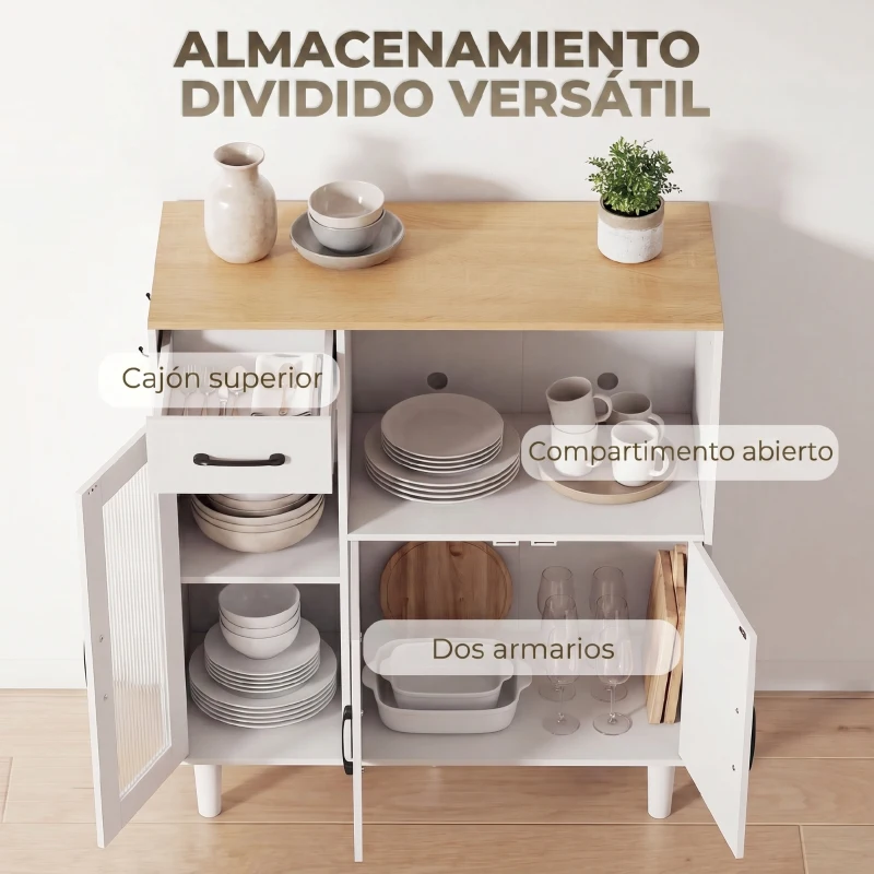 HOMCOM Aparador de Cocina Moderno con Puerta de Acrílico Cajón Estante Ajustable Compartimento Abierto 80x34x91 cm Blanco