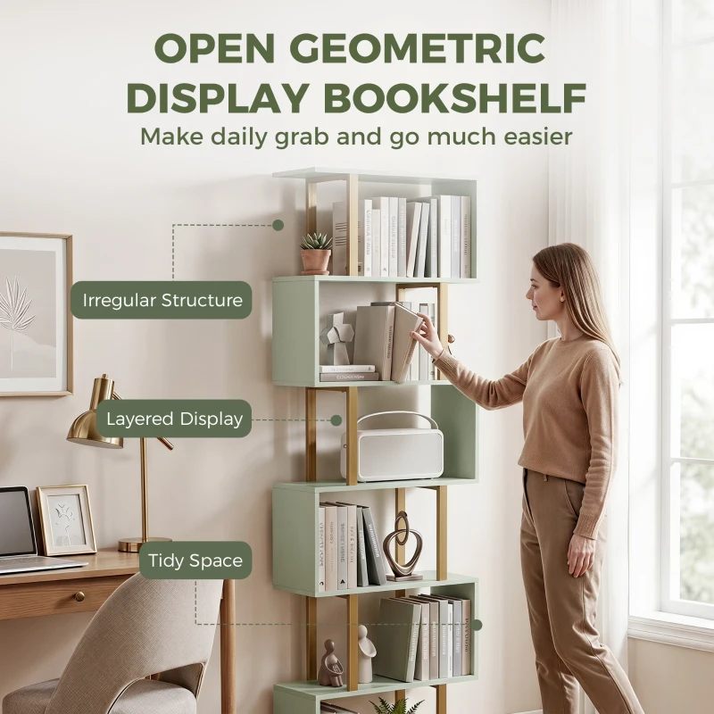 HOMCOM S-Shaped Bookshelf, 6-Tier Bookcase, Freestanding Storage Shelves with Anti-Tip Strap for Living Room, Light Green