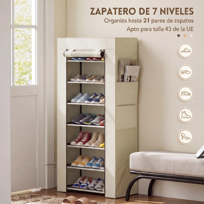 HOMCOM Zapatero de 7 Niveles, Zapatero Estrecho de Acero con Funda de Tela no Tejida 2 Bolsillos para 14-21 Pares Beige