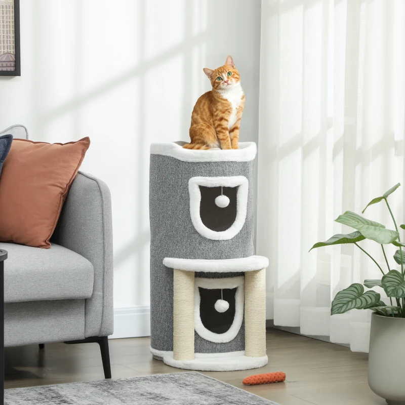PawHut Árbol Rascador para Gatos Árbol para Gatos 76 cm con Cama 2 Cuevas Postes de Sisal Alfombra Bolas para Jugar Gris