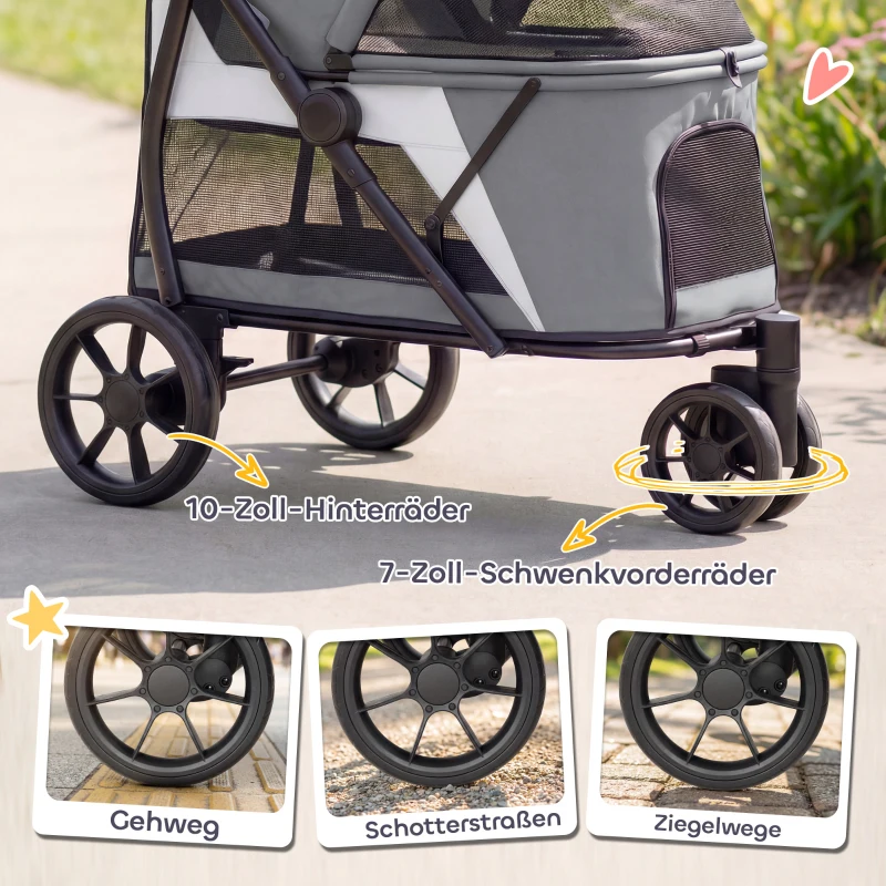 PawHut Hundewagen Faltbar Hundebuggy mit waschbarem Kissen, Netzfenstern, 3 Räder, für mittelgroße Hunde bis 20 kg, Grau