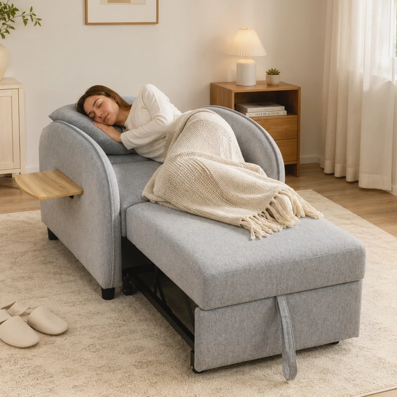 HOMCOM Sillón Cama Convertible 3 en 1 Sofá Cama 1 Plaza con Mesa Lateral Plegable Respaldo Ajustable Gris