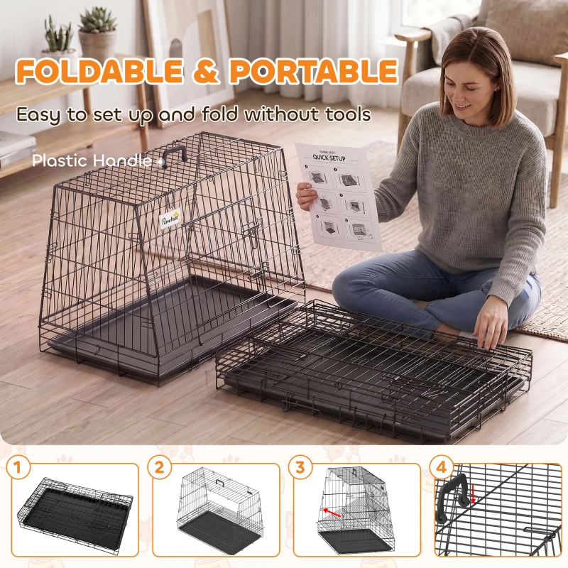 PawHut 35"(90 cm) Car Dog Crate Medium Large Collapsible Slanted Travel Dog Cage with Tray for Car Boot