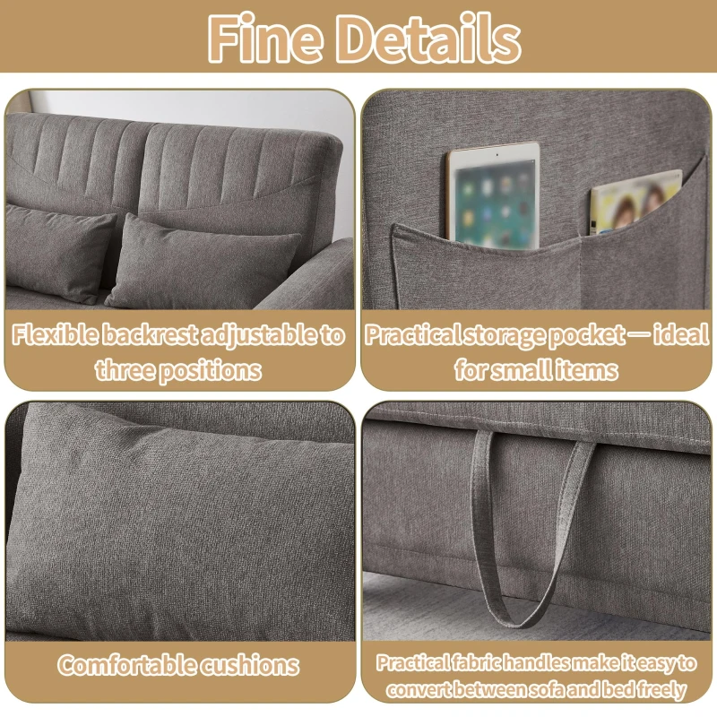 Adjustable Sofa Bed with 3-Level Backrest, Cozy Couch for Small Apartments, Living Rooms, or Bedrooms, 112L x 169W x 59H cm, Dark Grey