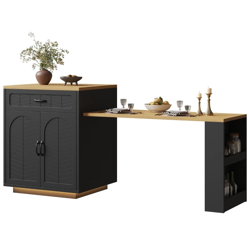 Extendable Kitchen Island with Dining Table, Multifunctional Storage Cabinet with Wine Rack and LED Base Light, 141L x 70W x 101.5H cm, Black