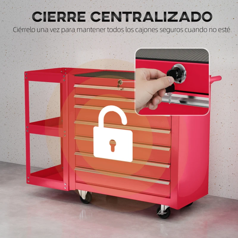 HOMCOM Carro de Herramientas con 7 Cajones Estantería de 3 Niveles Desmontable Sistema de Cierre Central Asa Rojo