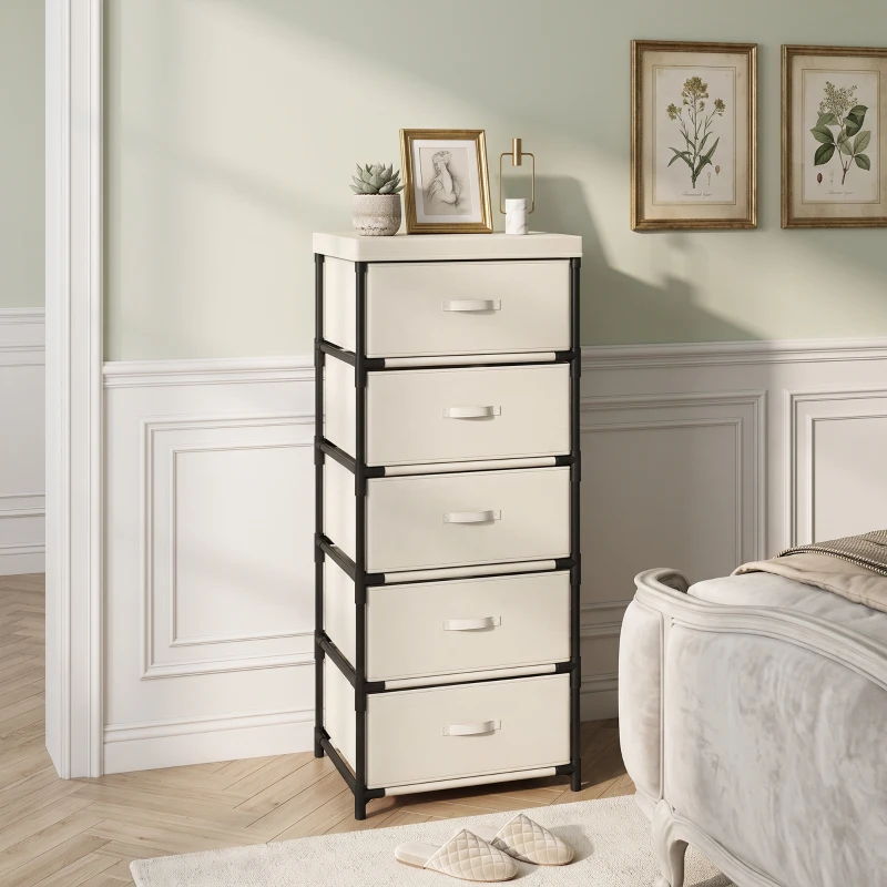 HOMCOM Comodă pentru dormitor cu 5 sertare din textil, cadru din oțel, comodă pentru living, birou, dressing, bej