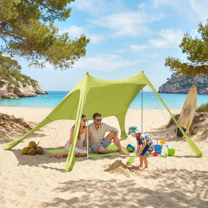 Outsunny Tenda de Praia Dobrável com Tapete UPF50+ Postes de Alumínio Pá Estacas e Bolsa de Transporte 208x200 cm Verde