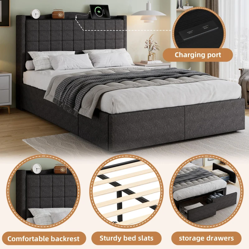 Spacious Upholstered Bed with 4 Under‑Bed Drawers, Cozy Bed Frame with Soft Headboard and Linen Surface, 208L x 140W x 111H cm, Grey