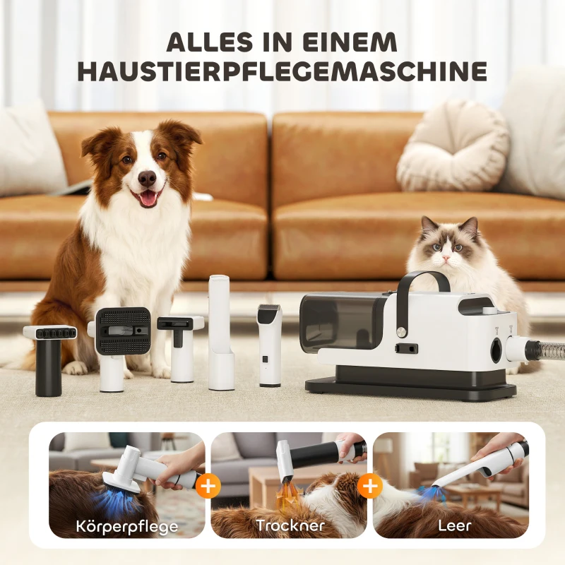PawHut Hundeschermaschine mit Staubsauger leise Schermaschine mit 5 Pflegewerkzeugen für Hunde Katzen Haustiere Weiß