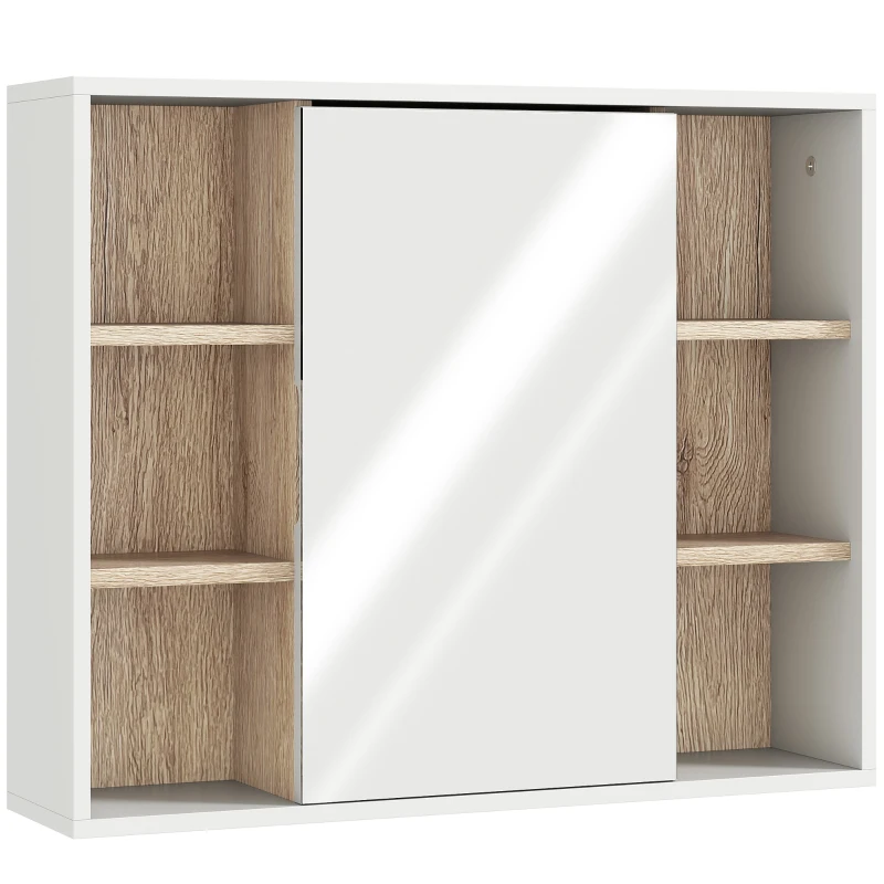 HOMCOM Armoire murale, meuble salle de bain avec miroir, miroir salle de bain avec rangement, placard à portes et 6 compartiments ouverts, 60 x 14,5 x 49,4 cm, blanc
