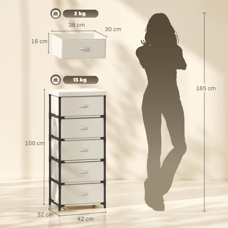 HOMCOM Comodă pentru dormitor cu 5 sertare din textil, cadru din oțel, comodă pentru living, birou, dressing, bej