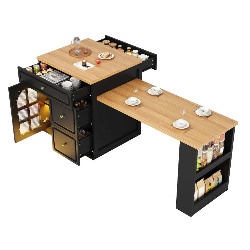 Extendable Bar Table with Arched Tempered Glass Doors, Space-Saving Dining Table for Kitchen or Living Space, 195.5L x 70W x 93.5H cm, Black