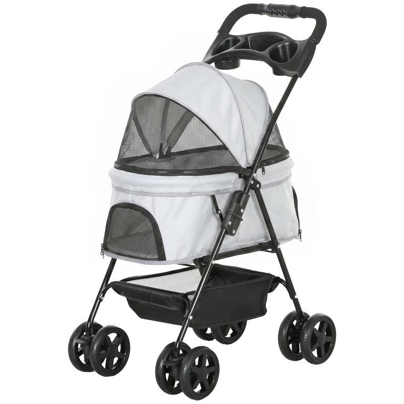 PawHut Carrito para Perros Pequeños con 4 Ruedas Freno Cesta Capota Correas de Seguridad y Ventanas 67x45x96 cm Gris Claro
