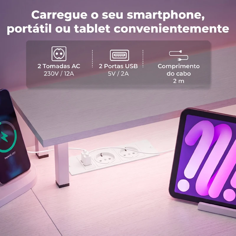 HOMCOM Secretária com Luzes LED Gavetas Tomadas Portas USB e Suporte para Monitor 155,5x48x88,5 cm Branco