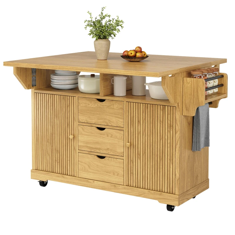 Foldable Serving Trolley with Ample Storage and Snack Racks, Mobile Kitchen Island for Balconies or Dining Room, 142.5L x 40W x 95H cm, Natural+Light Brown