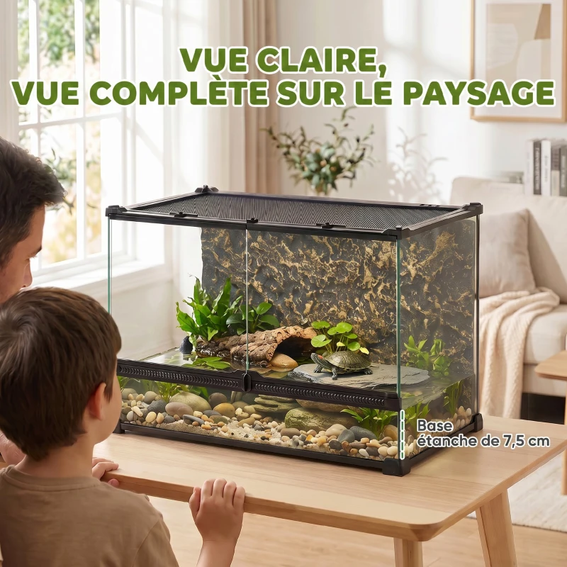 PawHut Boîte à Reptiles avec Panneau de Fond, Fermeture Sécurisée Par Rotation, Ventilation Frontale, 50x30x35cm, Noir