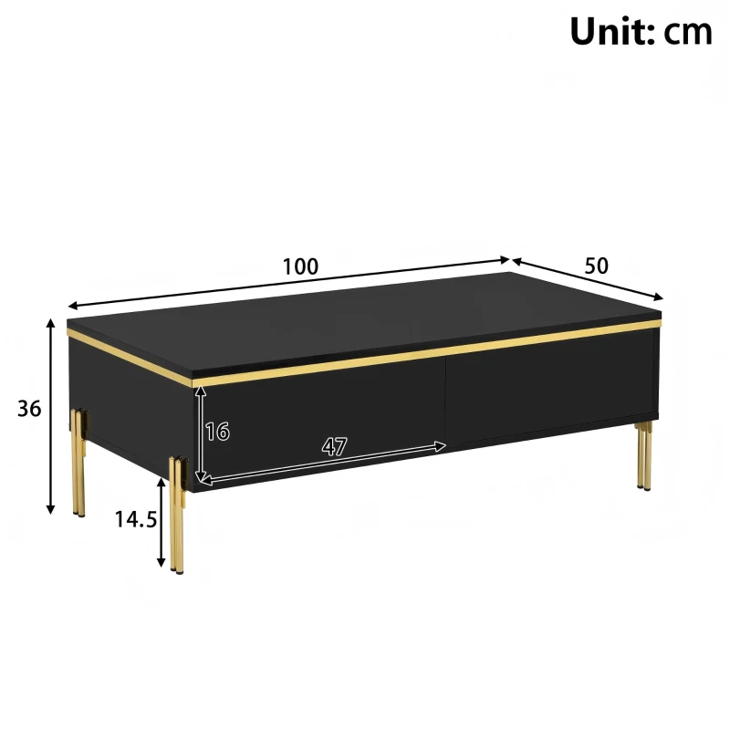Spacious Coffee Table with 2 Hidden Drawers, Versatile Room Table for Italian-Style Rooms or Cream-Toned Spaces, 100L x 50W x 36H cm, Black